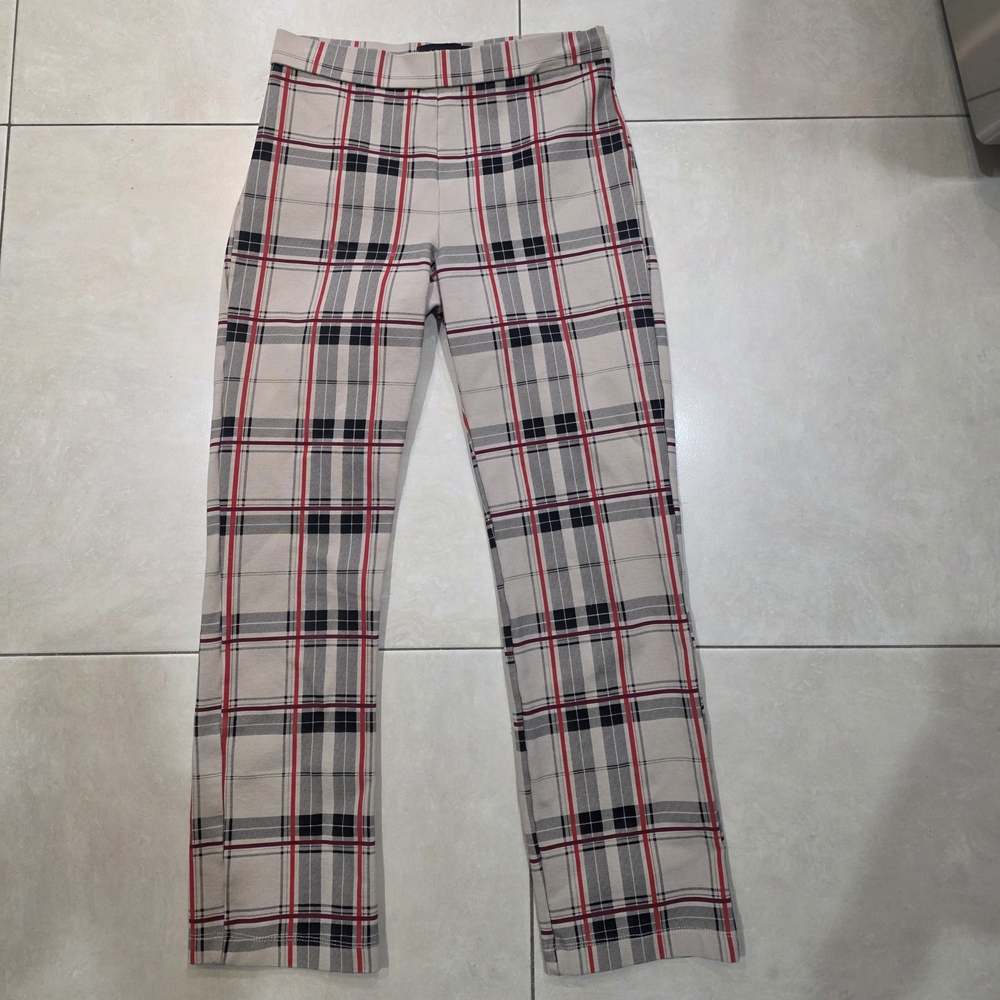 Sanctuary Cream Plaid Pants with Black Windowpane and Red Stripe